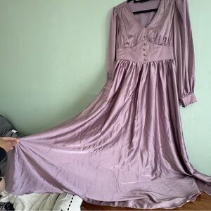Lilac lavender purple maxi long puff  sleeve dress satin medium pleated buttons